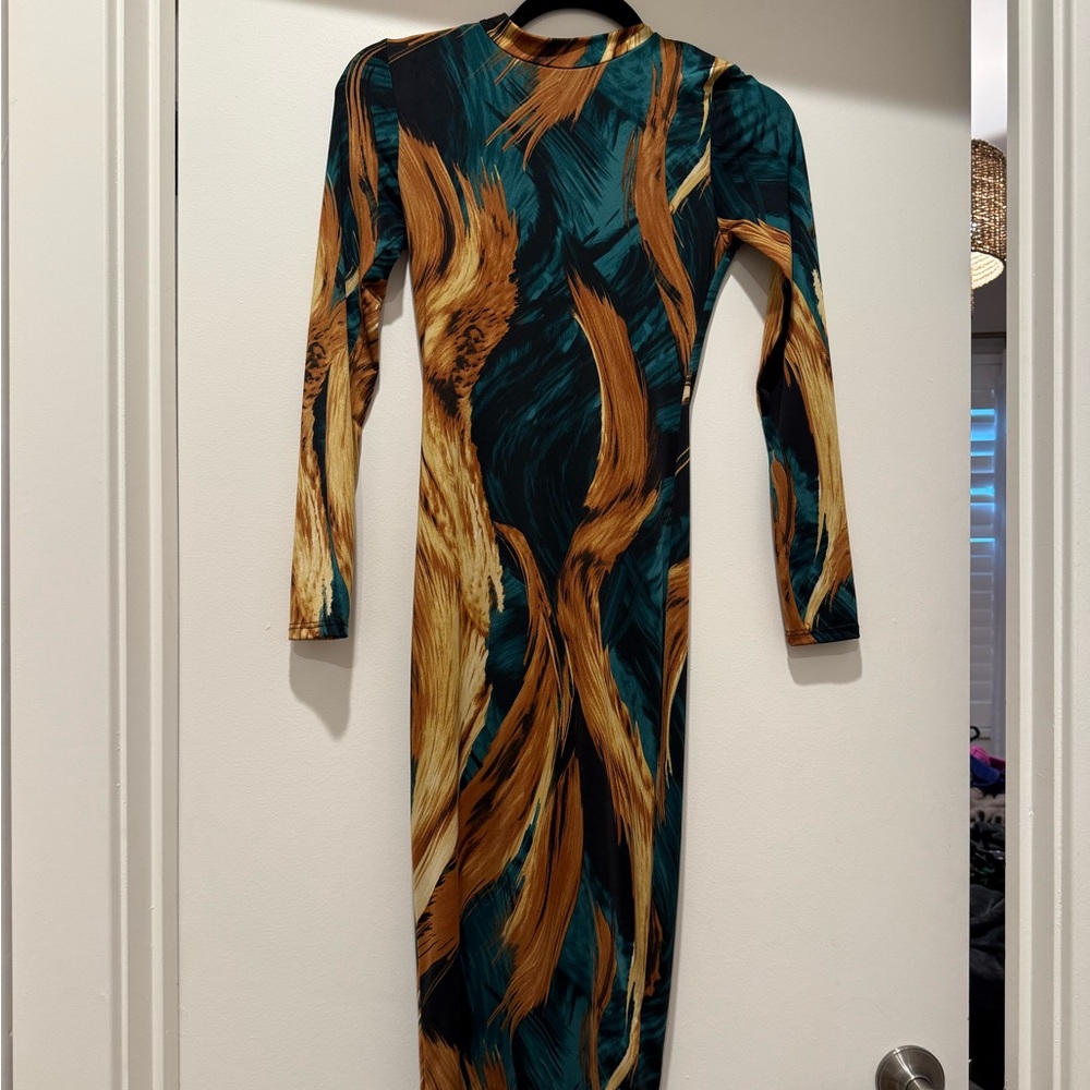 Fashion Nova teal/green and Gold Patterned Long Sleeve midi tight Dress